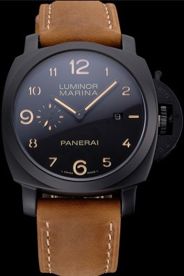 Panerai Luminor Marina 1950 Black Dial Matte Black Steel Case Brown Suede Leather Strap Panerai Luminor Replica