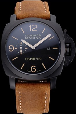 Panerai Luminor Marina Black Dial Matte Black Steel Case Brown Suede Leather Strap Panerai Luminor Replica