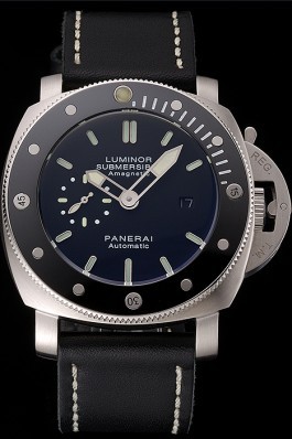 Panerai Luminor Submersible Black Dial Stainless Steel Case Black Bezel Black Leather Strap Panerai Luminor Replica