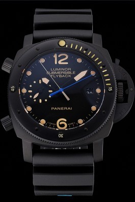Panerai Luminor Submersible Flyback Date Black Dial Yellow Markings Black Ionized Case Black Rubber Strap Panerai Luminor Replica