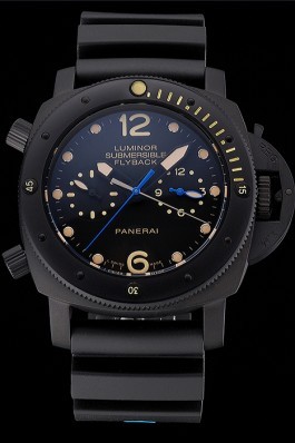 Panerai Luminor Submersible Flyback GMT Black Dial Yellow Markings Black Ionized Case Black Rubber Strap Panerai Luminor Replica