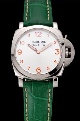 Panerai Radiomir White Dial Stainless Steel Case Green Leather Strap 1453804 Panerai Replica Watch