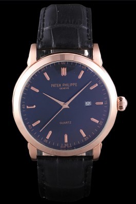 Patek Philipe Calatrava Roze Gold Polished Bezel Black Leather Bracelet 801432 Aaa Grade Patek Philippe Replica
