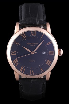Patek Philipe Calatrava Roze Gold Polished Bezel Black Leather Bracelet 801435 Aaa Grade Patek Philippe Replica