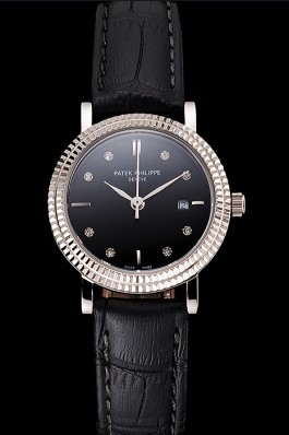 Patek Philippe Calatrava Black Dial Diamond Hour Marks Double Ribbed Bezel Stainless Steel Case Black Leather Strap Aaa Grade Patek Philippe Replica