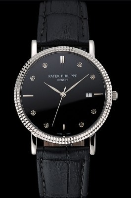 Patek Philippe Calatrava Black Dial Diamond Hour Marks Ribbed Bezel Stainless Steel Case Black Leather Strap Aaa Grade Patek Philippe Replica