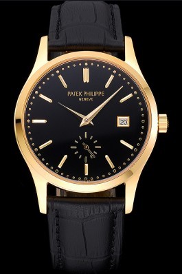 Patek Philippe Calatrava Black Dial Gold Case Black Leather Strap 622845 Aaa Grade Patek Philippe Replica