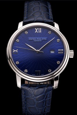 Patek Philippe Calatrava Date Blue Dial Stainless Steel Case Blue Leather Strap Aaa Grade Patek Philippe Replica