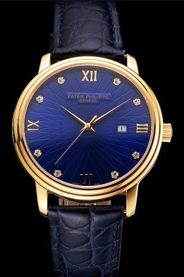 Patek Philippe Calatrava Date Blue Embossed Dial Gold Case Blue Leather Strap Aaa Grade Patek Philippe Replica
