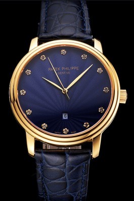Patek Philippe Calatrava Date Blue Guilloche Dial Gold Case Blue Leather Strap Aaa Grade Patek Philippe Replica