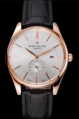 Patek Philippe Calatrava Date White Dial Rose Gold Case Black Leather Strap Aaa Grade Patek Philippe Replica