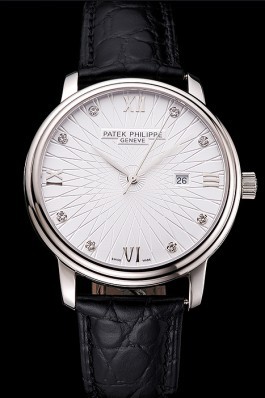 Patek Philippe Calatrava Date White Embossed Dial Stainless Steel Case Black Leather Strap Aaa Grade Patek Philippe Replica