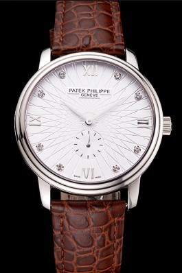 Patek Philippe Calatrava Date White Embossed Dial Stainless Steel Case Brown Leather Strap Aaa Grade Patek Philippe Replica