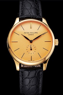Patek Philippe Calatrava Gold Dial Gold Case Black Leather Strap Aaa Grade Patek Philippe Replica