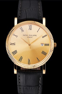 Patek Philippe Calatrava Gold Dial Roman Numerals Ribbed Bezel Gold Case Black Leather Strap Aaa Grade Patek Philippe Replica