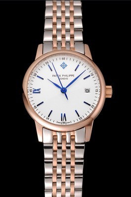 Patek Philippe Calatrava Ladies White Dial Blue Numerals Rose Gold Case Two Tone Bracelet 1453830 Aaa Grade Patek Philippe Replica