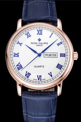 Patek Philippe Calatrava White Dial Blue Roman Numerals Gold Case Blue Leather Bracelet 1454056 Aaa Grade Patek Philippe Replica