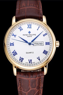 Patek Philippe Calatrava White Dial Blue Roman Numerals Gold Case Brown Leather Bracelet 1454057 Aaa Grade Patek Philippe Replica