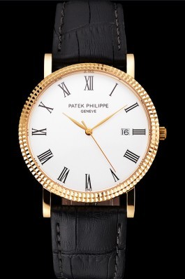 Patek Philippe Calatrava White Dial Roman Numerals Ribbed Bezel Gold Case Black Leather Strap Aaa Grade Patek Philippe Replica