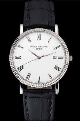 Patek Philippe Calatrava White Dial Roman Numerals Ribbed Bezel Stainless Steel Case Black Leather Strap Aaa Grade Patek Philippe Replica