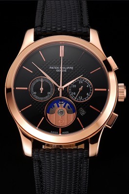Patek Philippe Chronograph Black Dial Rose Gold Case Black Leather Strap Fake Patek Philippe