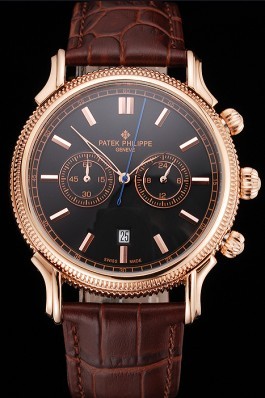 Patek Philippe Chronograph Black Dial Rose Gold Case Brown Leather Strap Fake Patek Philippe