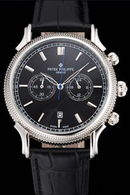 Patek Philippe Chronograph Black Dial Stainless Steel Case Black Leather Strap Fake Patek Philippe