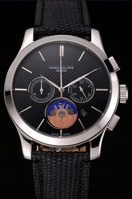 Patek Philippe Chronograph Black Dial Stainless Steel Case Black Leather Strap Fake Patek Philippe