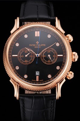 Patek Philippe Chronograph Black Dial With Diamonds Rose Gold Case Black Leather Strap Fake Patek Philippe