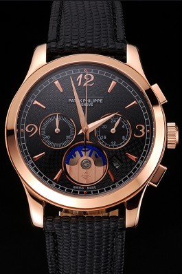 Patek Philippe Chronograph Black Guilloche Dial Rose Gold Case Black Leather Strap Fake Patek Philippe
