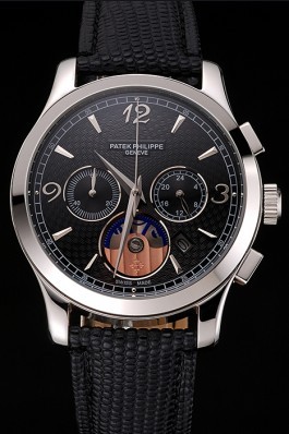 Patek Philippe Chronograph Black Guilloche Dial Stainless Steel Case Black Leather Strap  Fake Patek Philippe