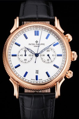 Patek Philippe Chronograph White Dial Blue Markings Rose Gold Case Black Leather Strap Fake Patek Philippe
