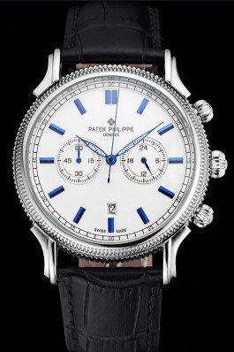 Patek Philippe Chronograph White Dial Blue Markings Stainless Steel Case Black Leather Strap Fake Patek Philippe