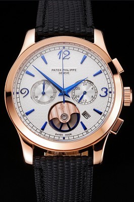 Patek Philippe Chronograph White Guilloche Dial Rose Gold Case Black Leather Strap Fake Patek Philippe