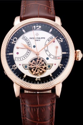 Patek Philippe Classic Tourbillon Power Reserve Black And White Dial Rose Gold Case Brown Leather Strap Fake Patek Philippe
