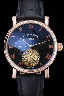 Patek Philippe Complications Moonphase Tourbillon Black Dial Rose Gold Case Black Leather Strap Fake Patek Philippe