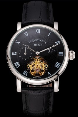 Patek Philippe Complications Moonphase Tourbillon Black Dial Stainless Steel Case Black Leather Strap Fake Patek Philippe