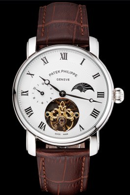 Patek Philippe Complications Moonphase Tourbillon White Dial Stainless Steel Case Brown Leather Strap Fake Patek Philippe