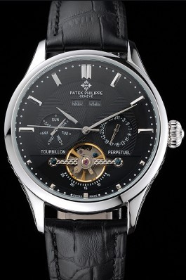 Patek Philippe Day Date Tourbillon Black Dial Stainless Steel Case Black Leather Strap 622839 Fake Patek Philippe