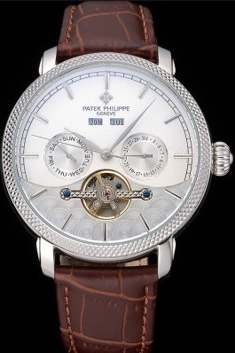 Patek Philippe Day Date Tourbillon White Dial Stainless Steel Case Embossed Bezel Brown Leather Strap 622837 Fake Patek Philippe