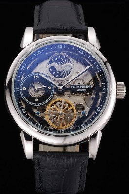 Patek Philippe Dual Time Moonphase Tourbillon Black Skeletonised Dial Stainless Steel Case Black Leather Strap Fake Patek Philippe