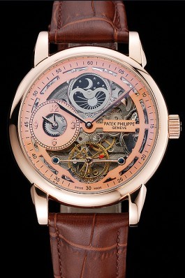 Patek Philippe Dual Time Moonphase Tourbillon Gold Skeletonised Dial Rose Gold Case Brown Leather Strap Fake Patek Philippe