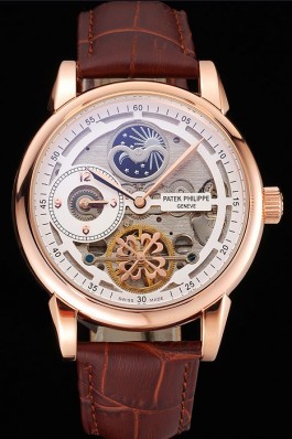 Patek Philippe Dual Time Moonphase Tourbillon White Skeletonised Dial Rose Gold Case Brown Leather Strap Fake Patek Philippe