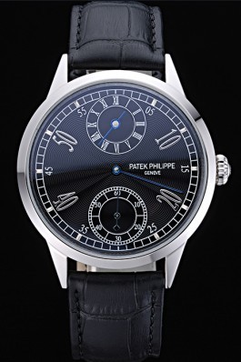 Patek Philippe Geneve Two Dial Black Dial Stainless Steel Bezel Black Leather Band 622145 Fake Patek Philippe