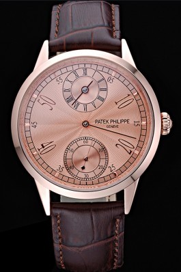 Patek Philippe Geneve Two Dial Rose Dial Rose Gold Bezel Brown Leather Band 622149 Fake Patek Philippe