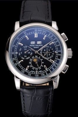 Patek Philippe Grand Complications Black Dial Black Leather Bracelet Fake Patek Philippe