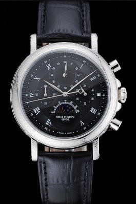 Patek Philippe Grand Complications Black Dial Engraved Silver Case Black Leather Bracelet 1454145 Fake Patek Philippe