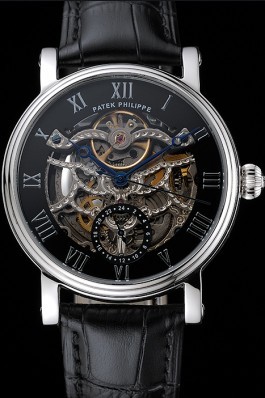 Patek Philippe Grand Complications Black Skeleton Dial Stainless Steel Case Black Leather Strap 1453812 Fake Patek Philippe