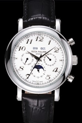 Patek Philippe Grand Complications Moon Phase White Dial Black Leather Bracelet Fake Patek Philippe