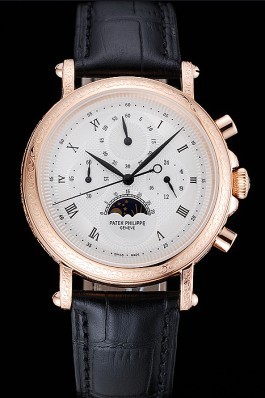 Patek Philippe Grand Complications White Dial Engraved Rose Gold Case Black Leather Bracelet 1454144 Fake Patek Philippe